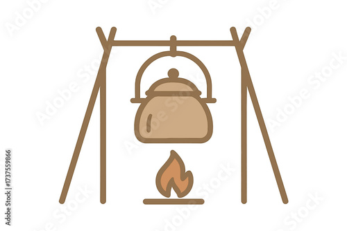 Campfire cooking pot suspended over a burning flame on a rustic tripod