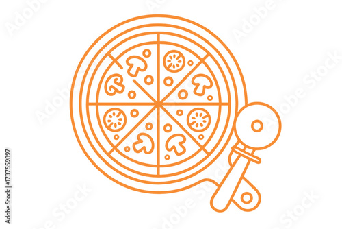 Classic round pizza with mushroom and tomato toppings cut into eight slices next to a pizza cutter