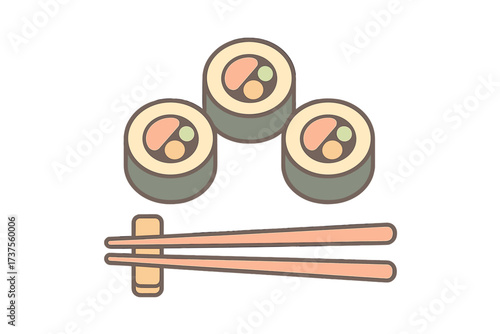 Colorful sushi rolls and chopsticks arranged on a plain background in a simple digital illustration
