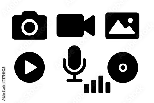 Essential digital media and multimedia interface icons for modern web and app design