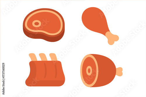 Assortment of raw meat cuts including steak, ribs, chicken drumstick, and ham