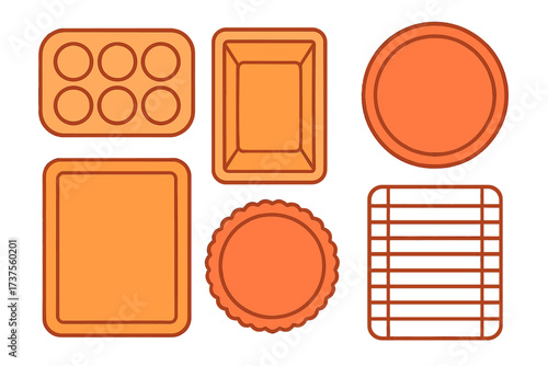 Various kitchen baking molds and cookie forms in orange and brown colors