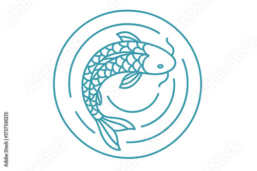 Graceful stylized koi fish swimming in a circular pond with gentle water ripples