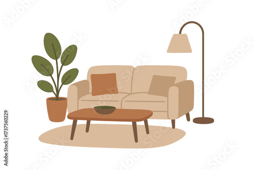 Cozy living room interior with comfortable sofa, coffee table, potted plant, and floor lamp