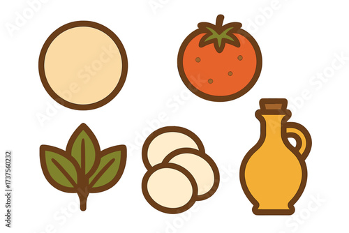 Fresh pizza ingredients set with dough, tomato, basil, mozzarella, and olive oil