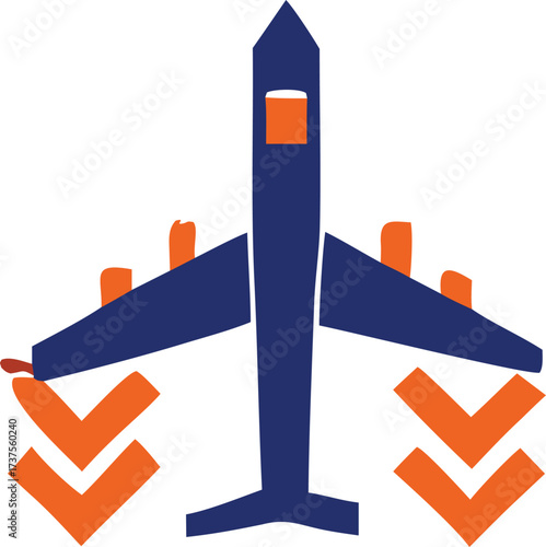 Modern jet airplane design with downward arrow symbols representing movement and flight