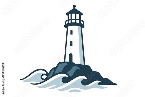 Traditional lighthouse on a rugged coastline surrounded by dynamic ocean waves