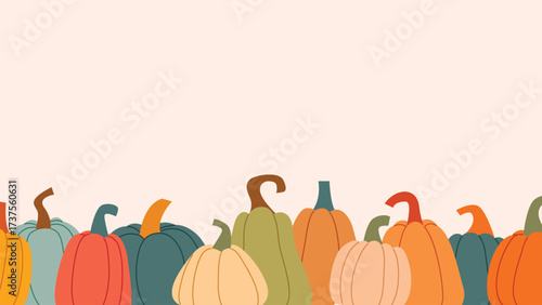 Cozy atmospheric template with pumpkins and copy space. Warm autumn background with gourds of different varieties. Blank horizontal banner for fall mood, vector graphic