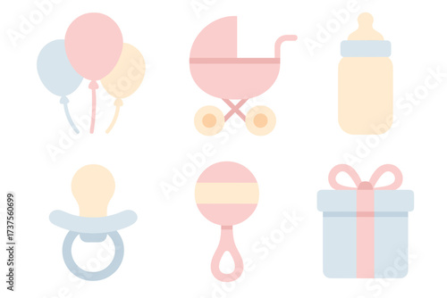 Essential baby accessories and celebration elements in soft pastel colors