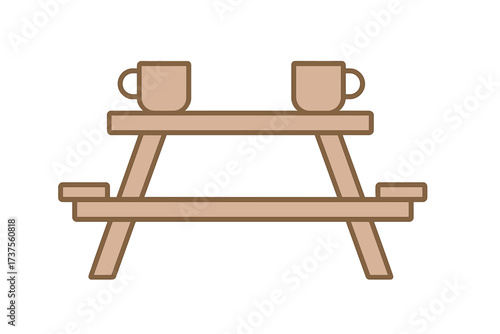 Simple wooden picnic table with two mugs for outdoor dining or relaxation