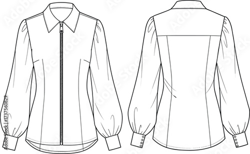Puff sleeve blouse technical sketch, front and back view, zipper closure, fashion flat, CAD drawing, vector illustration, garment design template