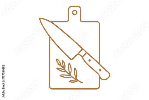 Minimalist kitchen cutting board with chef knife and olive branch for cooking