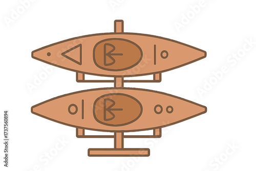 Unique wooden kayaks arranged side by side in a simple design on a white background
