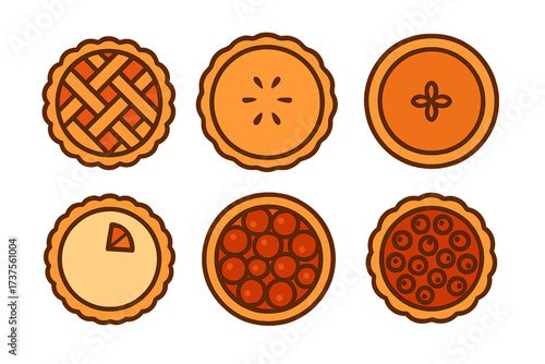 Colorful collection of hand-drawn pie designs showcasing various flavors and styles suitable for a bakery or dessert shop
