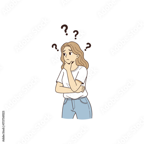 Confused woman vector illustration with question marks over head thinking doubt uncertainty problem solving concept female character cartoon flat design