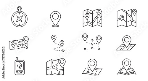 Navigation Icons - Compass, Map, GPS, and Location Markers for Wayfinding.
