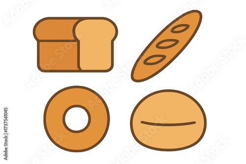 Different types of bread including loaf, baguette, bagel, and roll displayed in a simple design