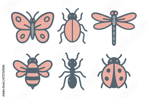 Collection of stylized insects and bugs including butterfly, bee, ant, and ladybug