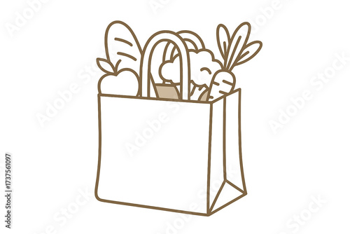 Brown outline of a paper grocery bag filled with fresh produce and baked goods for healthy eating