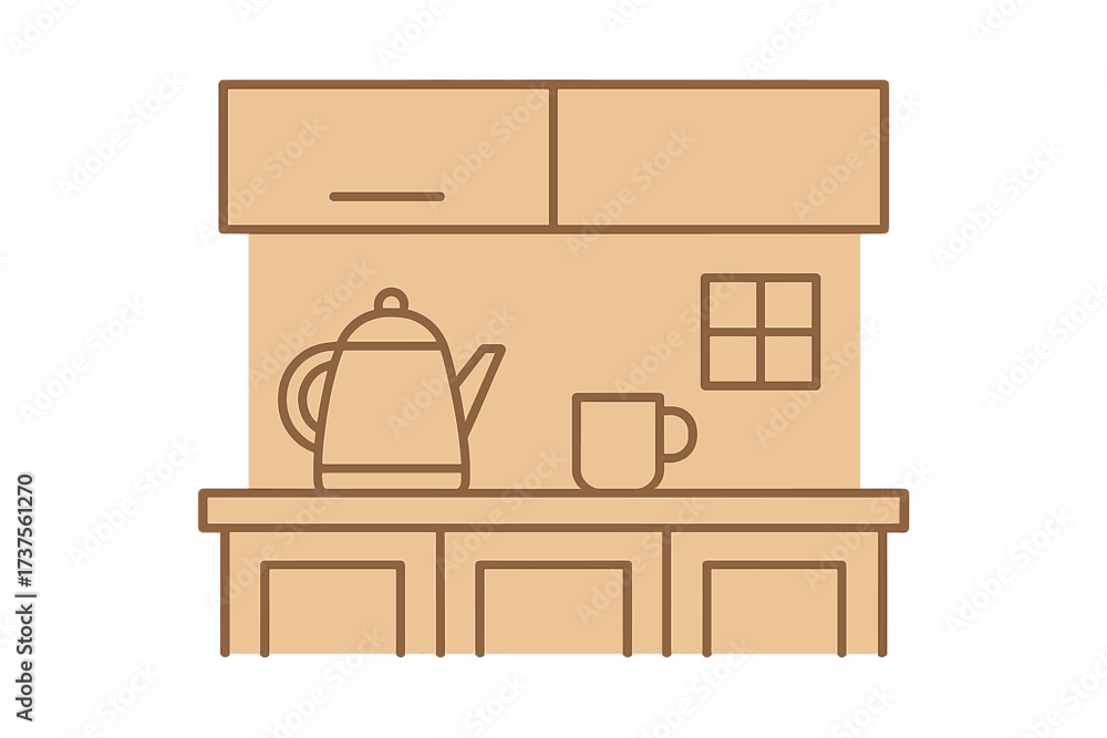 Fototapeta premium Simple kitchen scene with kettle and cup on wooden table, showcasing warm and inviting atmosphere