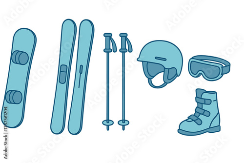 Collection of essential winter sports equipment including snowboard, skis, helmet, goggles, and boots
