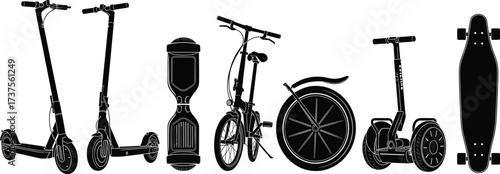 Electric scooter hoverboard folding bicycle unicycle Segway longboard silhouettes, modern eco transport, urban mobility vector illustration set, black isolated design