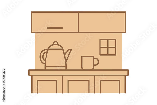 Simple kitchen scene with kettle and cup on wooden table, showcasing warm and inviting atmosphere