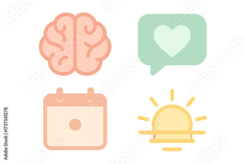 Symbols of mental health and wellness with a brain, calendar, heart, and sunrise illustration