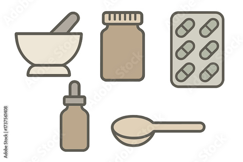 Collection of pharmaceutical and medical tools including mortar, pestle, bottles, and pills