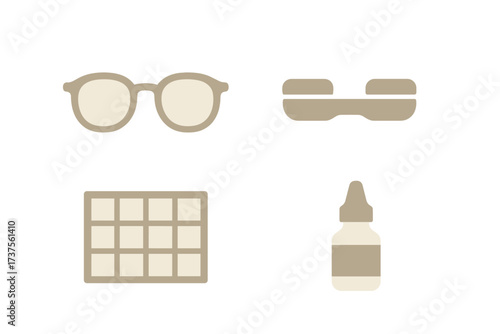 Collection of essential items for vision correction and daily medication management