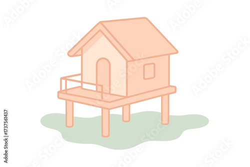 Charming minimalist stilt house with balcony and small window in a serene setting