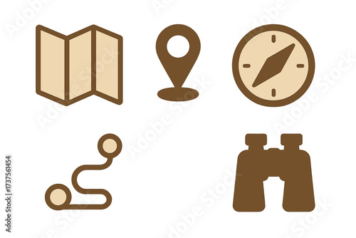 Navigation tools used for exploring outdoor adventures in nature, emphasizing maps, location markers, compasses, and binoculars