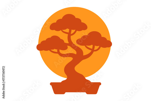 Artistic bonsai tree silhouette against vibrant orange sun backdrop at dusk