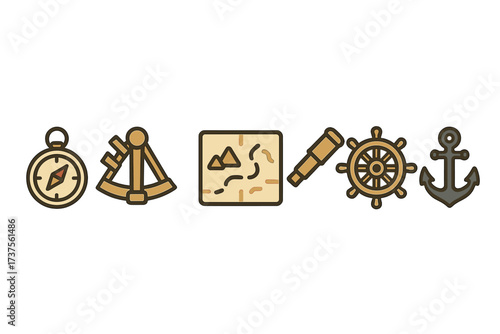 Exploring adventure tools like compass, sextant, treasure map, telescope, ship wheel, and anchor displayed in a line