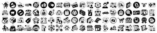 Vector art of collection of 100 black and white icons representing various aspects of ecommerce, shopping, business, and online services, isolated on a
