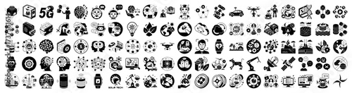 Vector art of a large collection of diverse technology and innovation icons, including 5g, ai, robotics, blockchain, and environmental symbols