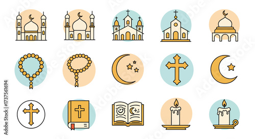 Religious symbols and icons representing diverse faiths and spiritual practices.