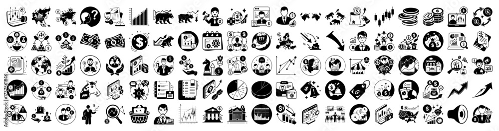 Fototapeta premium Vector art of collection of business and finance icons, including charts, graphs, people, money, and strategy elements