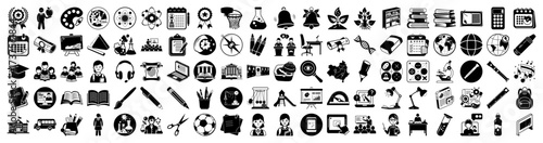 Vector art of a large collection of black and white icons representing education, science, art, and general office supplies, isolated on a