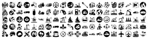 Vector art of a collection of industry and energy icons, including oil rigs, factories, power plants, cars, airplanes, and environmental symbols, presented in a grid format