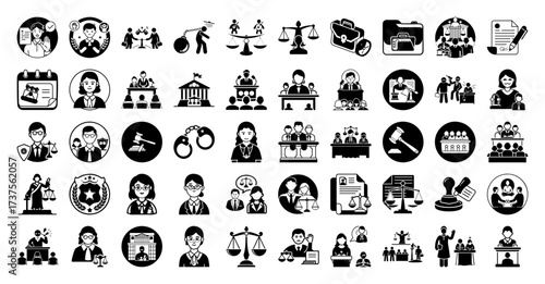 Vector art of a collection of black and white icons representing legal concepts, including judges, scales of justice, courtrooms, documents, and law enforcement, isolated on a