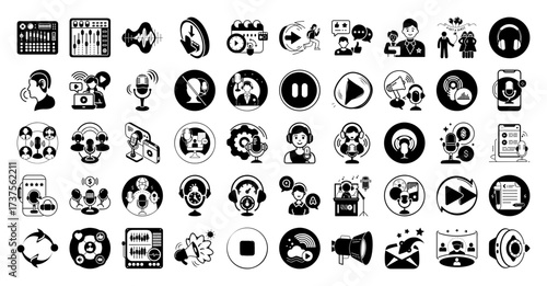 Vector art of collection of icons representing audio, communication, and technology, including microphones, headphones, sound waves, people talking, video calls, and social media symbols