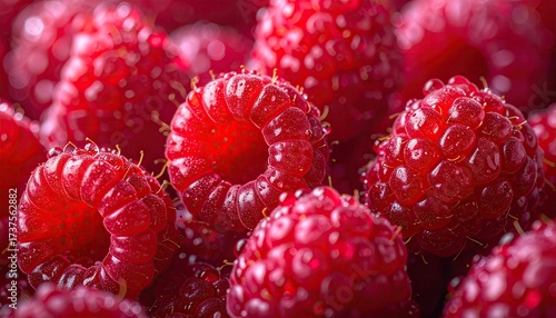 Close Up of Fresh Red Raspberries with Water Droplets and Texture Detail