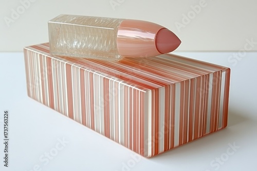 Glass sculpture with geometric, striped, pink/clear design