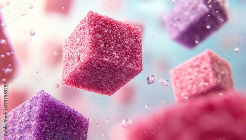 Pastel cubes float amid water droplets, soft focus