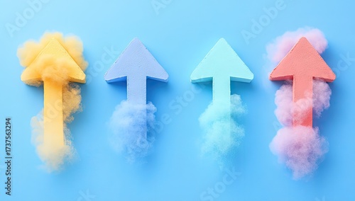 Colorful arrows rise with fluffy cloud puffs, on blue