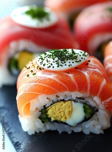Sushi rolls with fish, egg, cream, and greenery