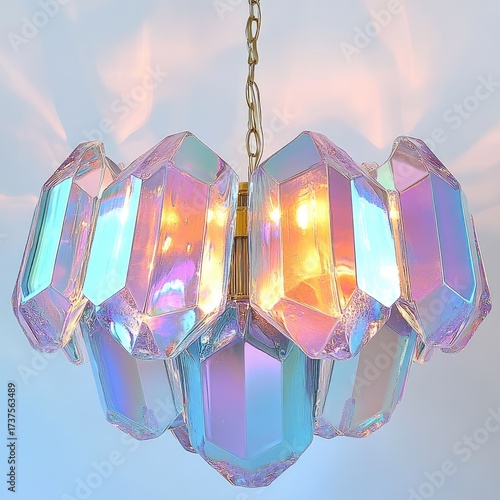 Iridescent crystal chandelier, glowing light