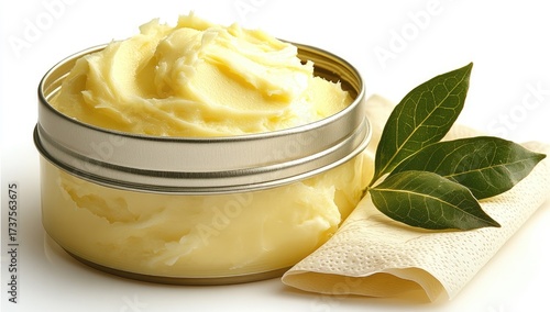 Creamy yellow balm in silver tin with leaves and cloth