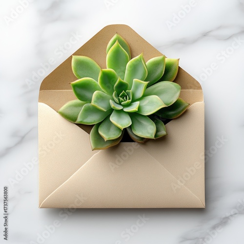 Succulent in tan envelope on marble